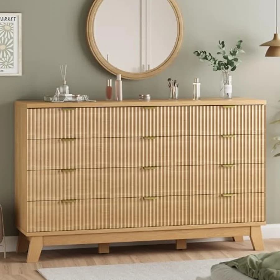 Cassettiera scanalata per camera da letto con 12 cassetti, 57 cm di larghezza, moderna, con maniglie in metallo, mobile TV in legno
