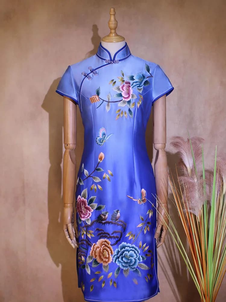 Tao Yumei New Spring Silk Satin Embroidered G81Q509 round Button Mom's Banquet Dress Chinese Style Floral Pattern