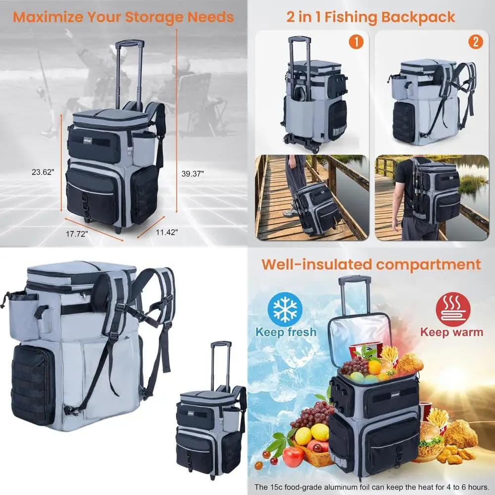 Large Bag Fishing Equipment with Wheels from 66L with Refrigerant compartment, Savoy Water Resistant Backpack with Candle, 5 Trays Storage Option