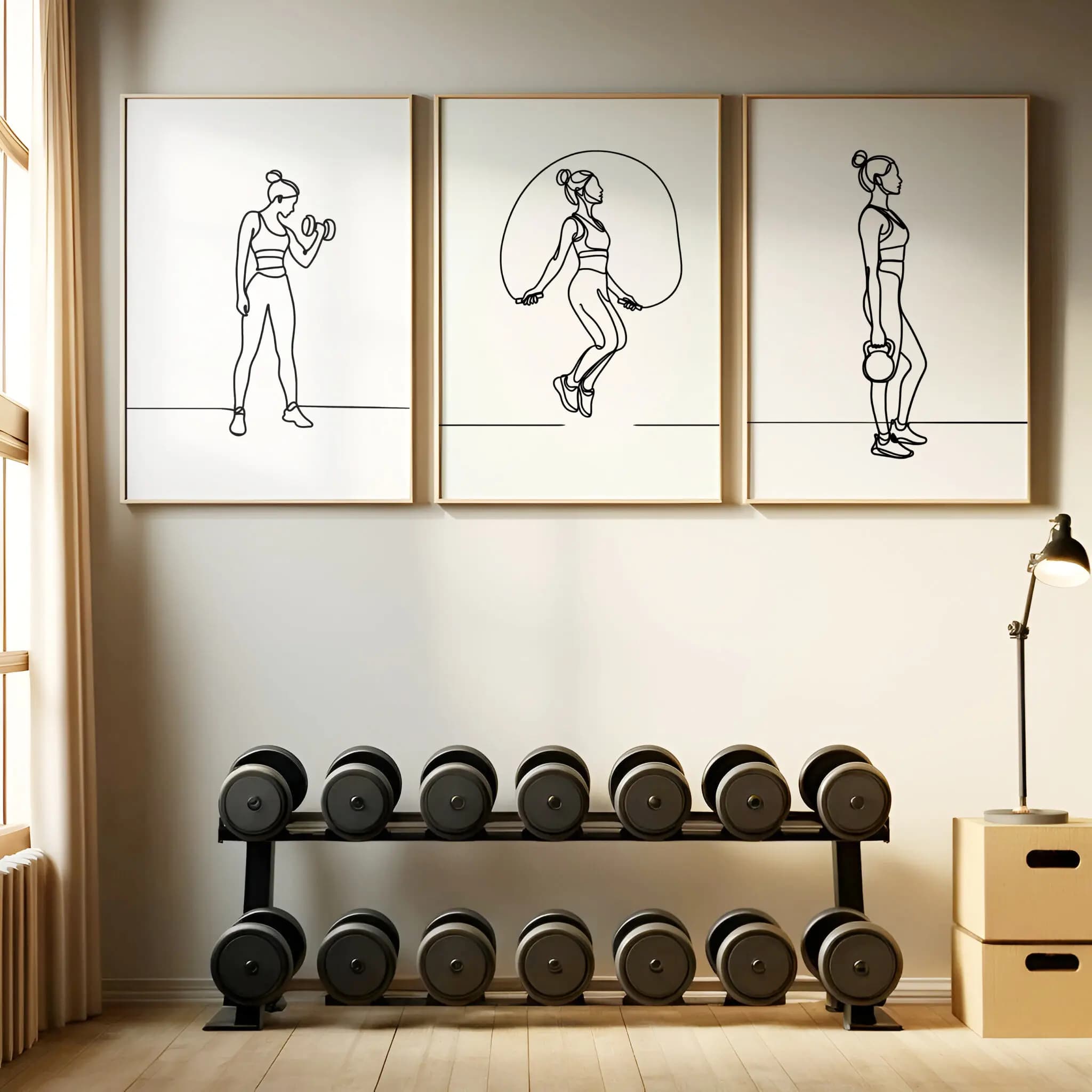 3PCS Frameless,3pcs Fitness Girl Athlete Art Posters: Line Art, Weightlifting, and Jump Rope Frameless Canvas Prints for Yoga S
