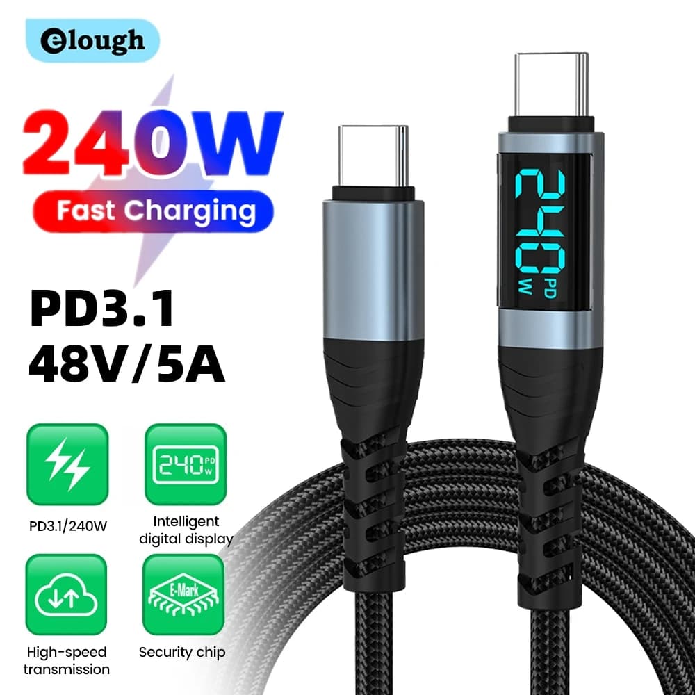 Elough Cavo da USB C a USB C da 240 W Cavo per display digitale Super Charge 0,5/1,2/2 M Cavo QC4.0 Tipo C per MacBook Samsung iPhone 16