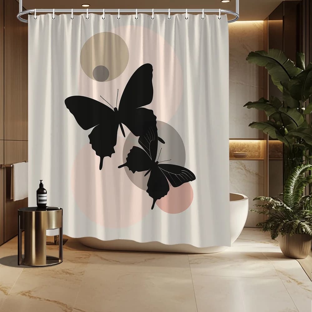 Tenda da doccia minimalista con farfalle nere - Sfondo beige con cerchi macinati, poliestere, resistente allo sbiadimento, arredamento da bagno moderno