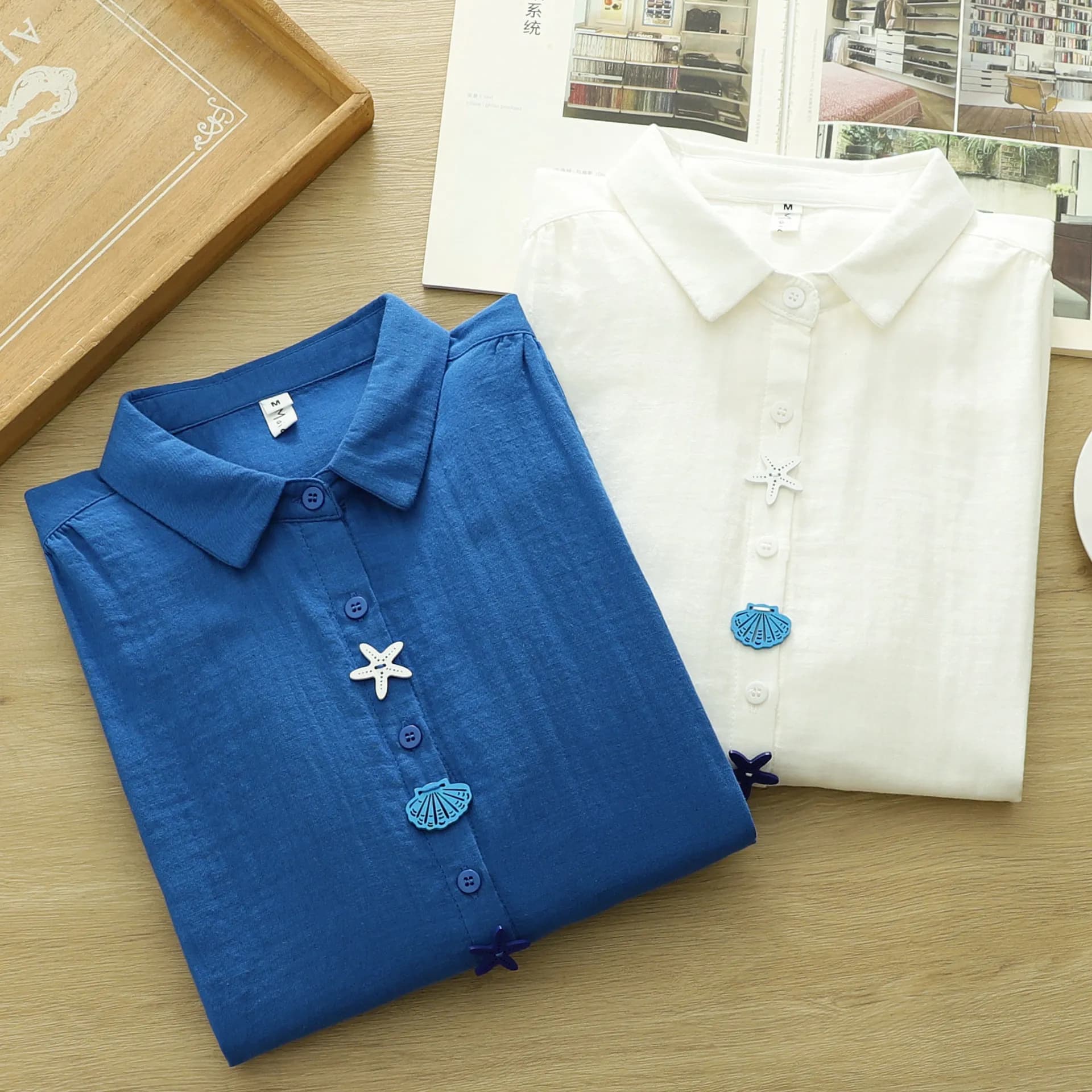 Camicie eleganti da donna 2026 in cotone 100% tinta unita bianco e blu, camicette e bluse da donna primaverili vintage chic