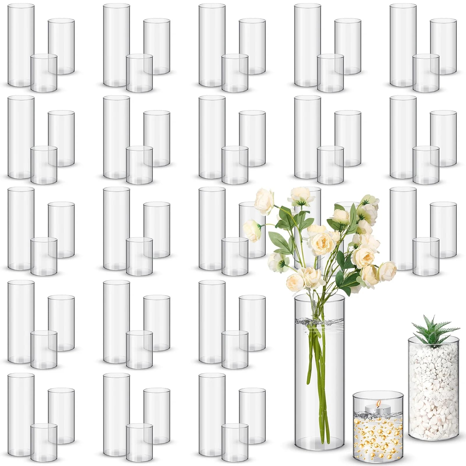 60-Piece Clear Tall Cylinder Vase Set – Versatile Hurricane Candle Holders & Floral Centerpiece Containers for Home, Wedding, Office & Party Decor (4-inch / 6-inch / 8-inch Heights)