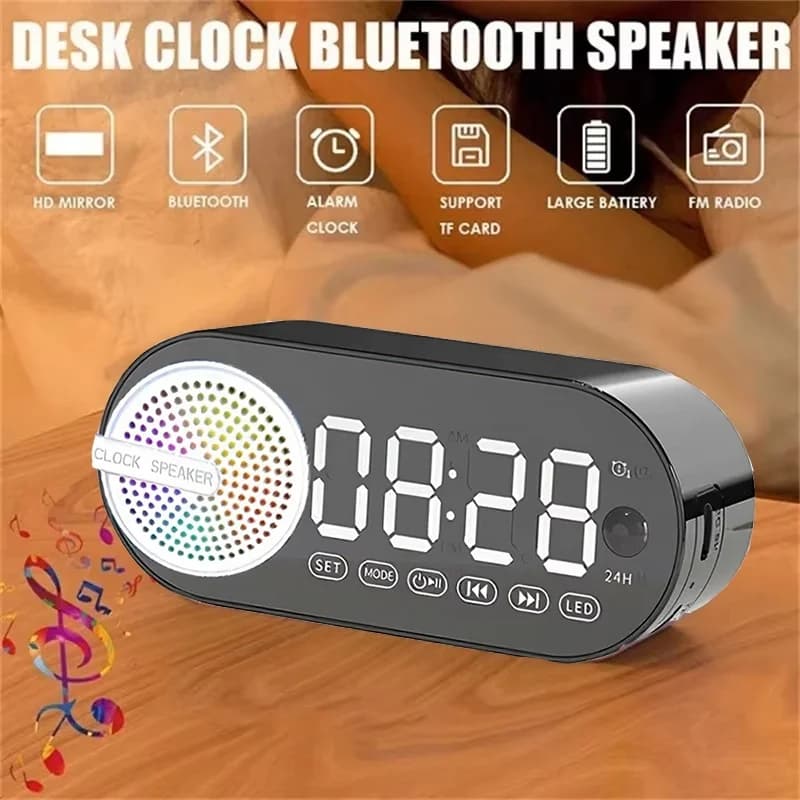 USB Plug-in Mirror Digital Alarm Clock Timer Support TF FM Radio Wireless Speaker LED Subwoofer For Bedroom Room Office Decktops
