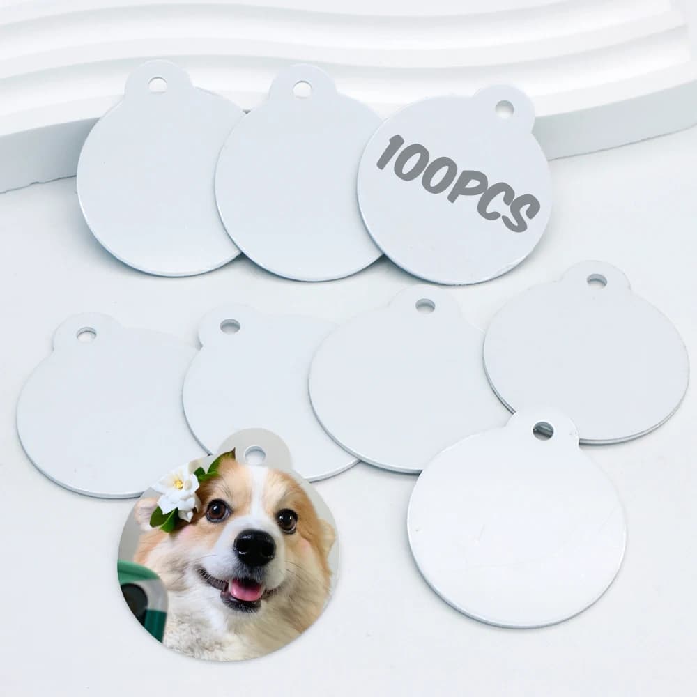 100 pezzi di targhetta per cani in alluminio con sublimazione vuota, accessori per portachiavi, ciondolo rotondo
