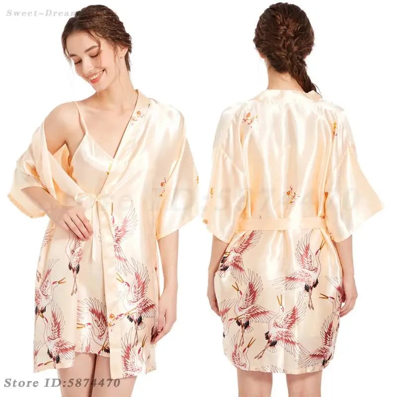 Sexy Adult Silk Robe Set Wedding Gown Printed Suspender Nightgown Bathrobe Kimono Women's Home Clothing Set Mom Gift Sleepwear