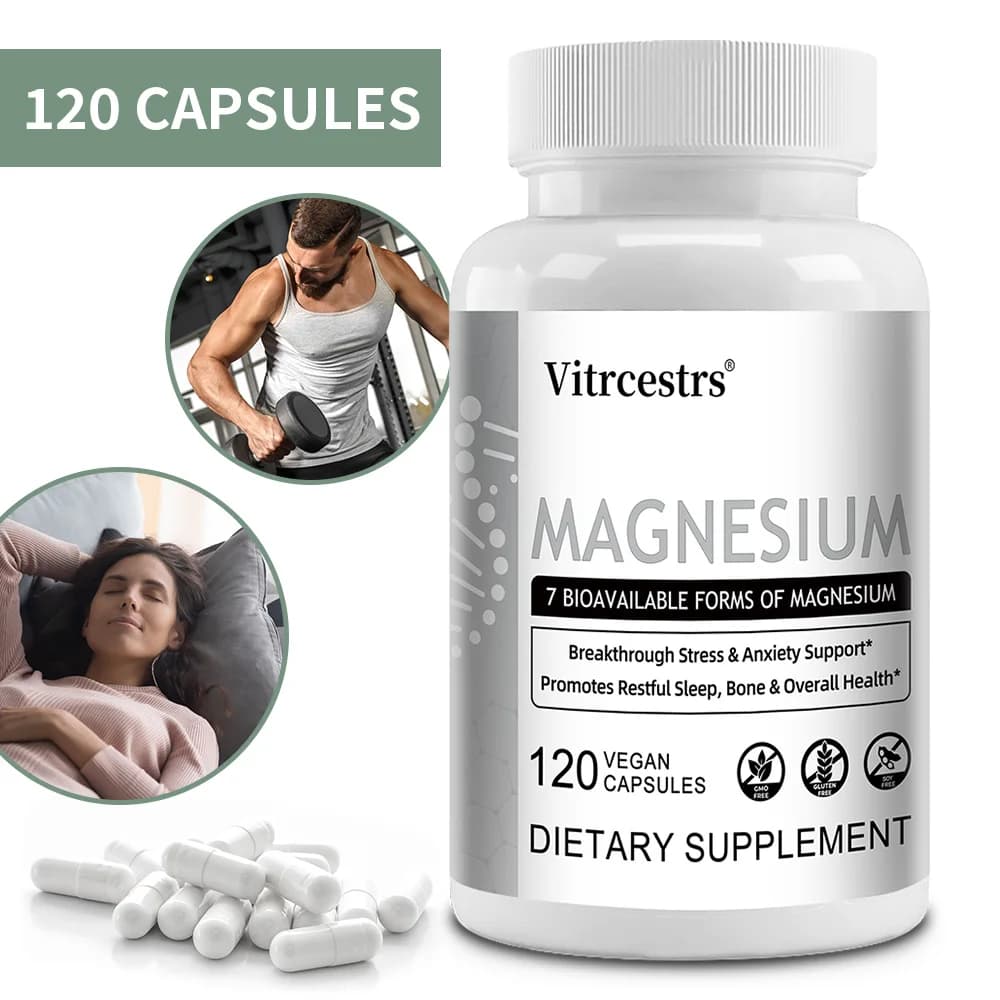 Integratore di Glicinato di Magnesio per il Supporto del Sonno, della Salute Muscolare e Cardiaca, Complesso di Magnesio di 7 Tipi con Vitamina B6, 120 Capsule