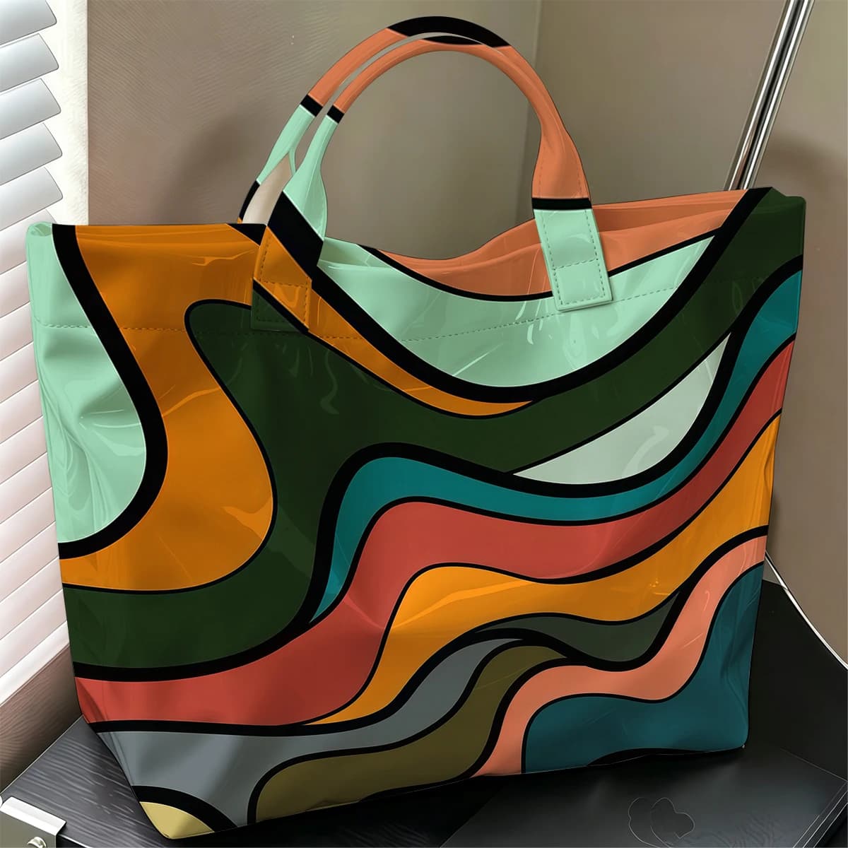 Retro Swirl Fashion Large Glossy PVC Tote Bag Hand Washable Waterproof Perfect Travel Commute Cosmetic Storage Shopper