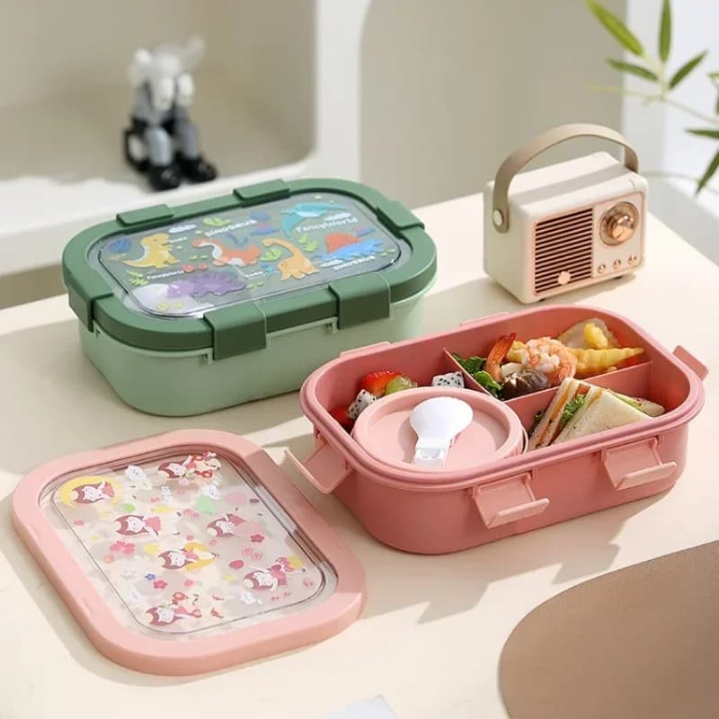 Scatola per il pranzo in cartone animato da 1000/1350 ml con ciotola per zuppa Bento Box Design con fibbia Contenitore per alimenti portatile sigillato e a prova di perdite