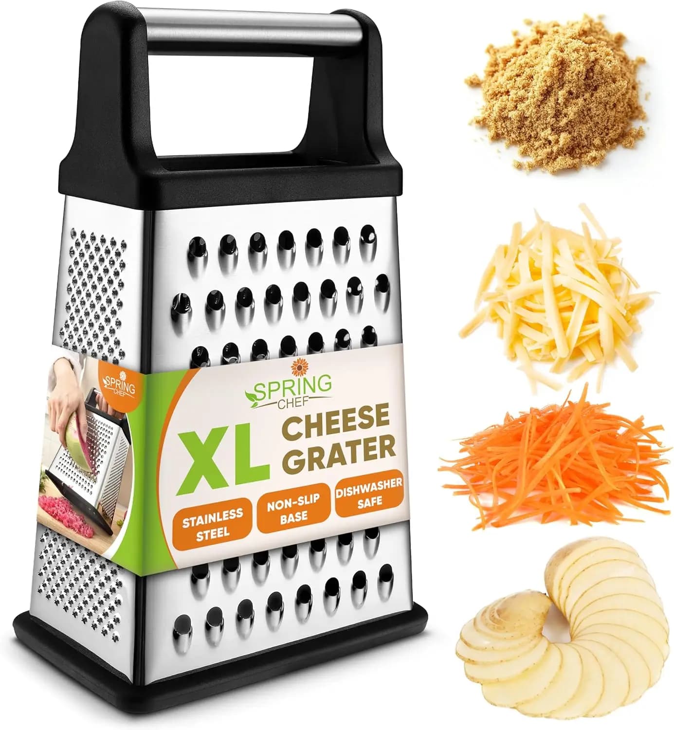 Grattugia per Formaggio XL a 4 Lati in Acciaio Inossidabile, Lavabile in Lavastoviglie, Nera