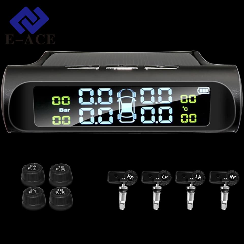 E-ACE K01 TPMS Solar Sensor Intelligence Wireless Pneumatic Pressure Monitoring System Automatic Security Alarm Device with 4 Sensors