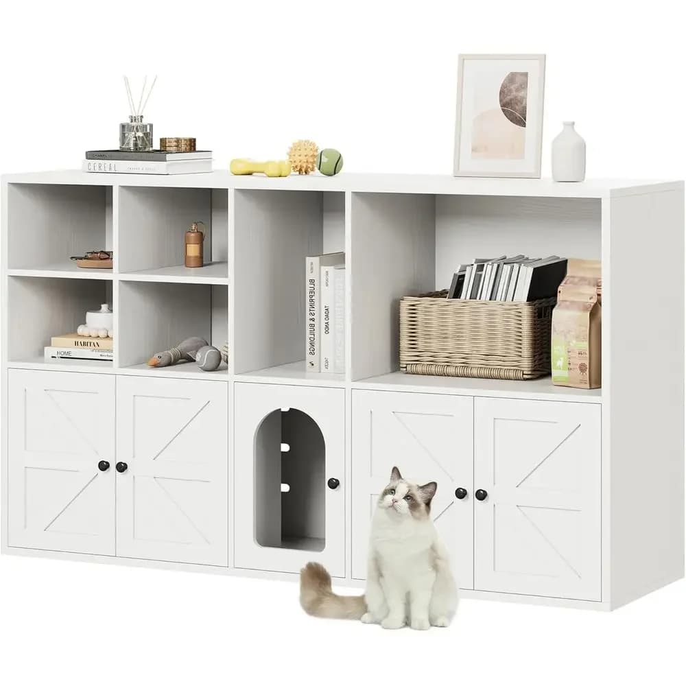 Mobiletto per lettiera per 2 gatti, contenitore per lettiera nascosto con doppio scomparto e ampio spazio di archiviazione, mobiletto bagno in legno