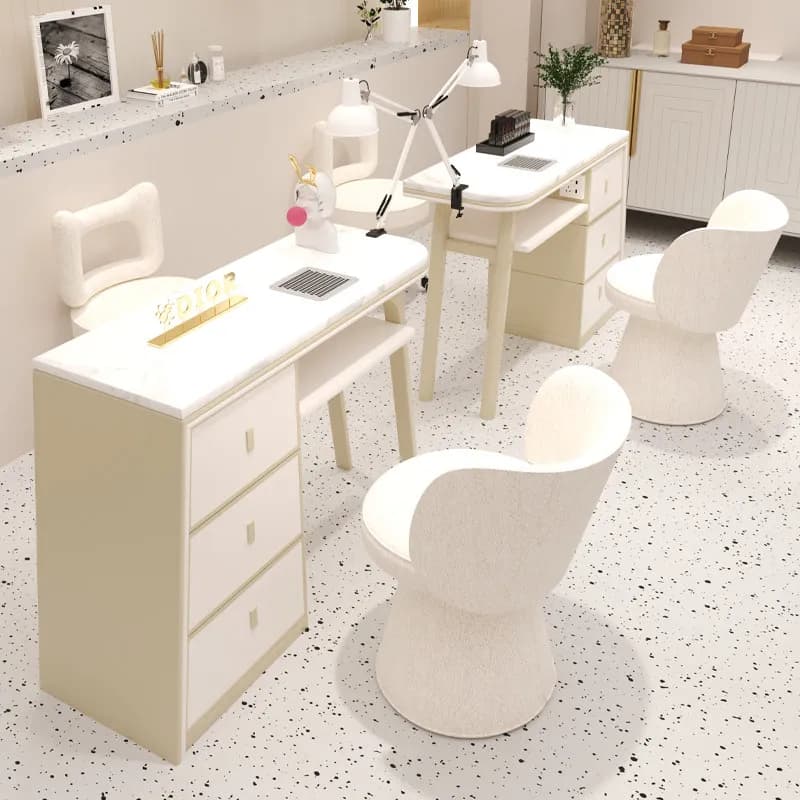 Set di Tavolo e Sedia per Nail Art di Alta Gamma in Stile Crema con Piano in Marmo e Aspirapolvere Integrato per Riparazione Unghie