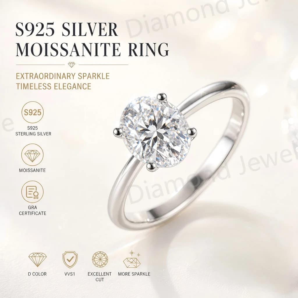 Anello Ovale in Moissanite GRA Argento 925, 7 Forme: Pera, Cuore, Principessa, Radiante, Smeraldo, Triangolo, 0.5ct 1ct 2ct