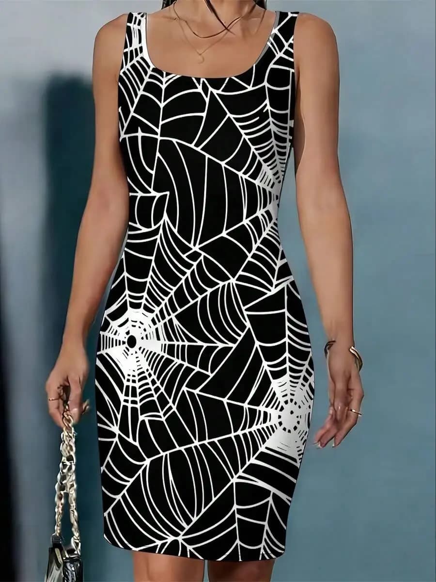 Womens Bodycon Dress With Spider Web Print, Sleeveless Round Neck Knitted Dress