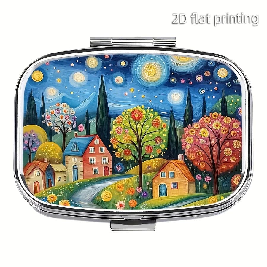 A Beautiful Countryside Scenery Pill Box - a Compact 2-Compartment Pill Organizer, Portable Pocket Wallet for Vitamins, Mini Travel Pill Storage Case, The Perfect Gift for Seniors And Travelers