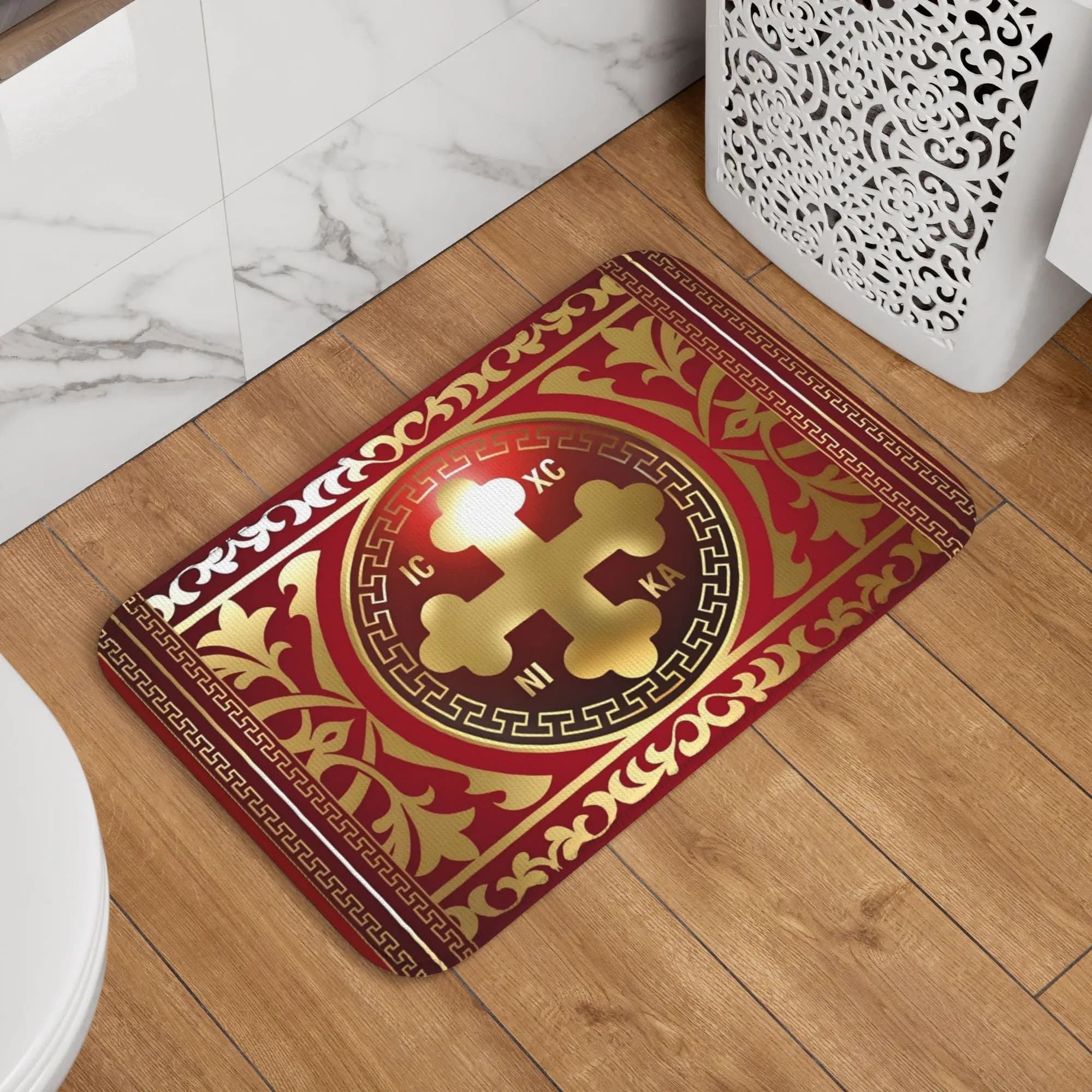 Tappeto d'ingresso personalizzato XC NI con croce ortodossa greca, rosso e oro, impermeabile, con cristogramma, per porta, bagno, ingresso