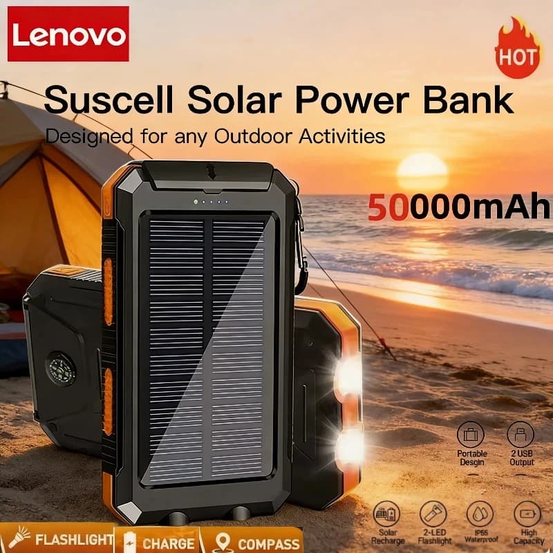 Power Bank Solare Lenovo 50000mAh, Caricabatterie Portatile, Batteria Esterna con Luce LED Potente per iPhone e Samsung