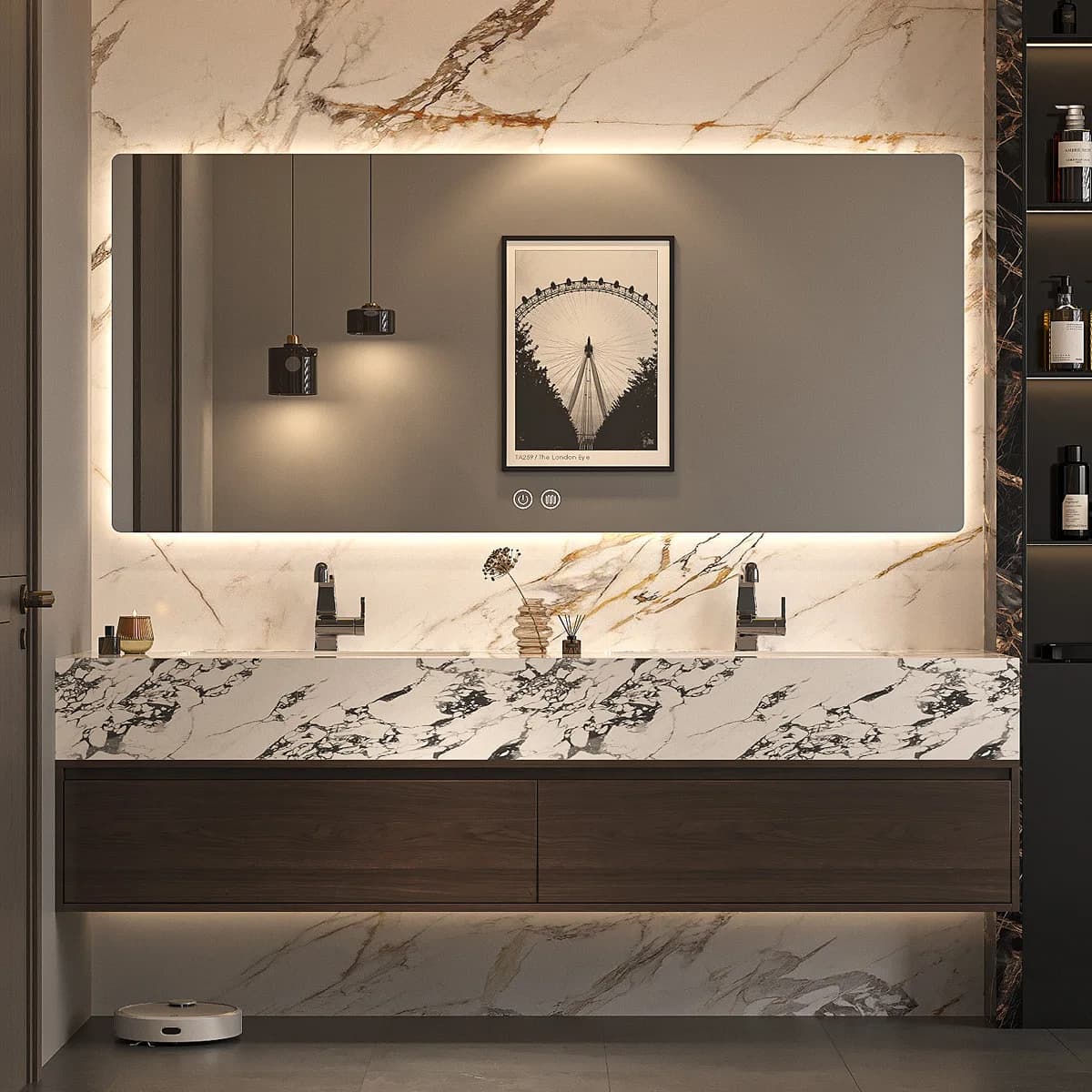 Mobile Bagno di Lusso con Lavabo Integrato in Ceramica Effetto Roccia, Specchio e Combinazione in Legno Massello, Lavabo Intelligente per il Lavaggio delle Mani