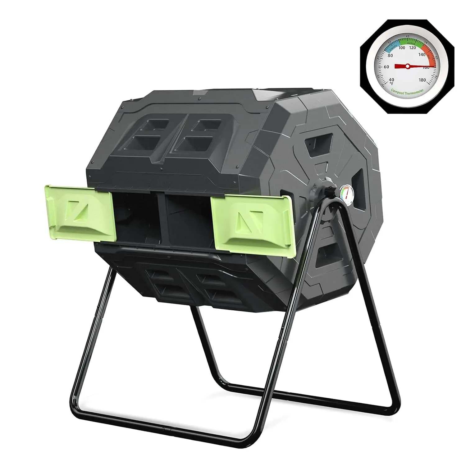 Compostiera Rotante Grande da Esterno per Giardino con Termometro, Struttura Robusta in Acciaio, 165L, Porta Verde, Personalizzabile