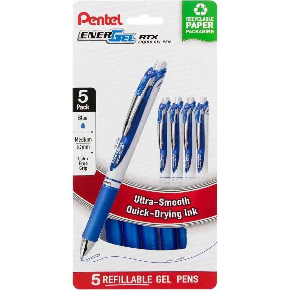 Penna Gel Liquido Retrattile EnerGel RTX, Punta in Metallo (0,7 mm), Linea Media, Inchiostro Blu, Confezione Senza Plastica, Confezione da 5