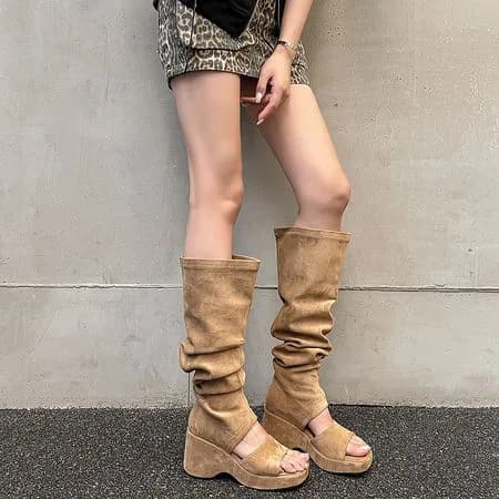 Stile punk Soild Punta tonda Piattaforma sopra il ginocchio Sandali da donna Stivali Zeppe Tacchi alti Slip On Design Scarpe di grandi dimensioni