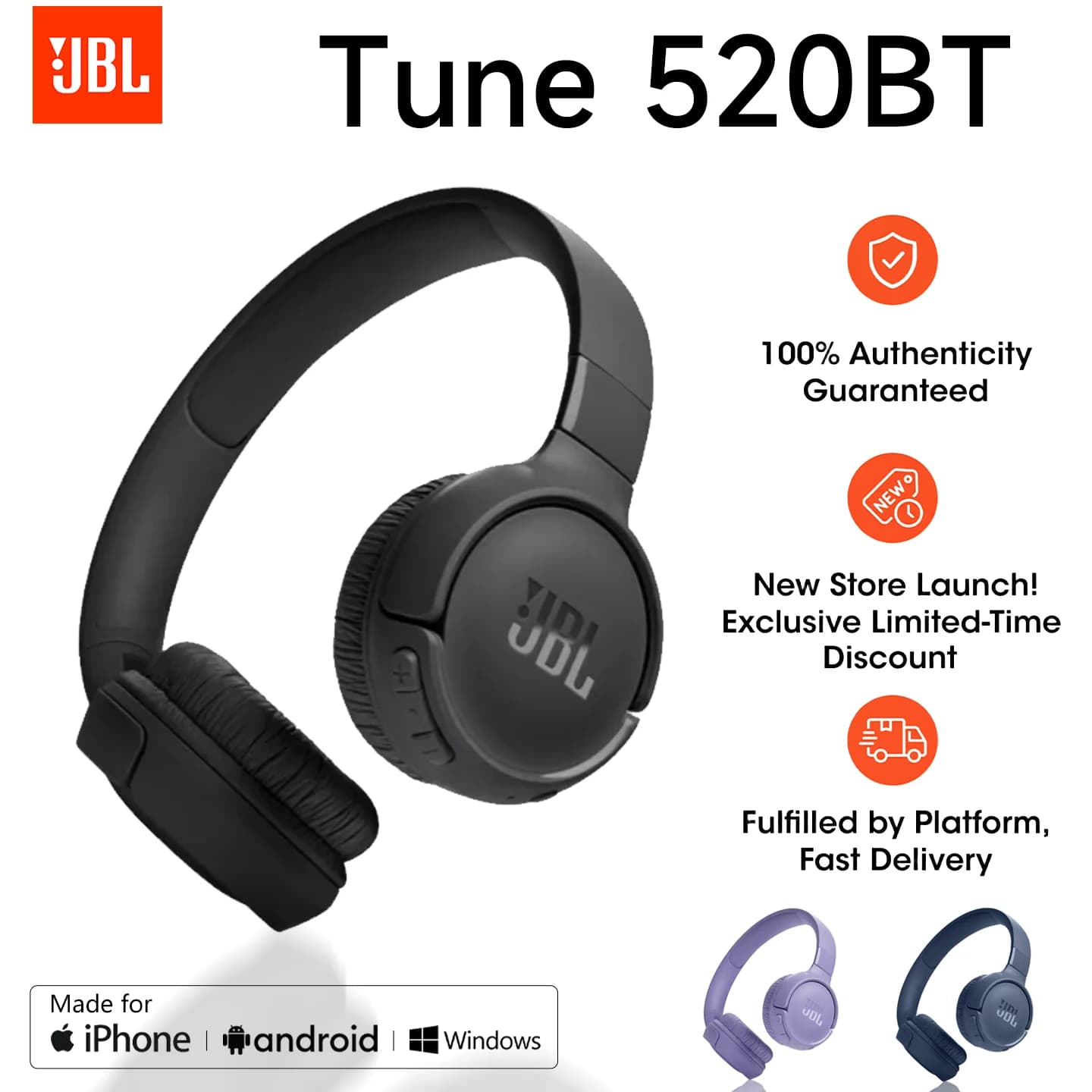 JBL 520Bt Wireless Over-Ear Headphones, Ultra-Long 57H Battery Life Over-Ear Sports Bluetooth Headphones, Genuine Product Guarantee, Jbl Over-Ear Wireless Headphones with Noise-Cancelling Function, Over-Ear Headphones