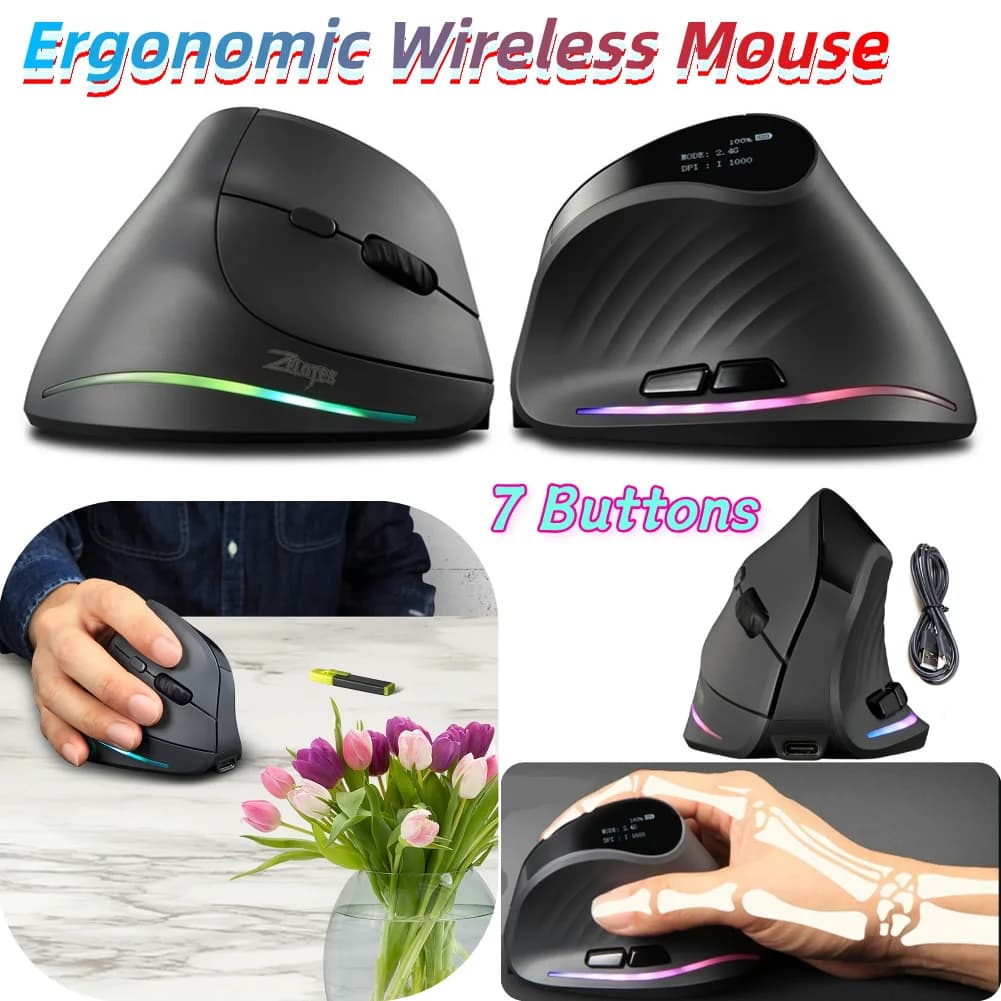 Mouse wireless compatibile con Bluetooth, DPI regolabile, mouse ottico ergonomico verticale wireless, 7 pulsanti per PC, laptop, Mac, Windows