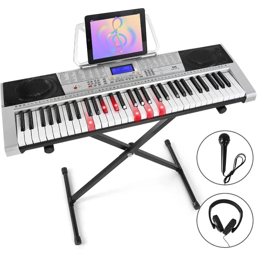 Tastiera per pianoforte elettrico a 61 tasti con tasti illuminati per principianti Include supporto per pianoforte Display LCD Cuffie Microfono Ideale