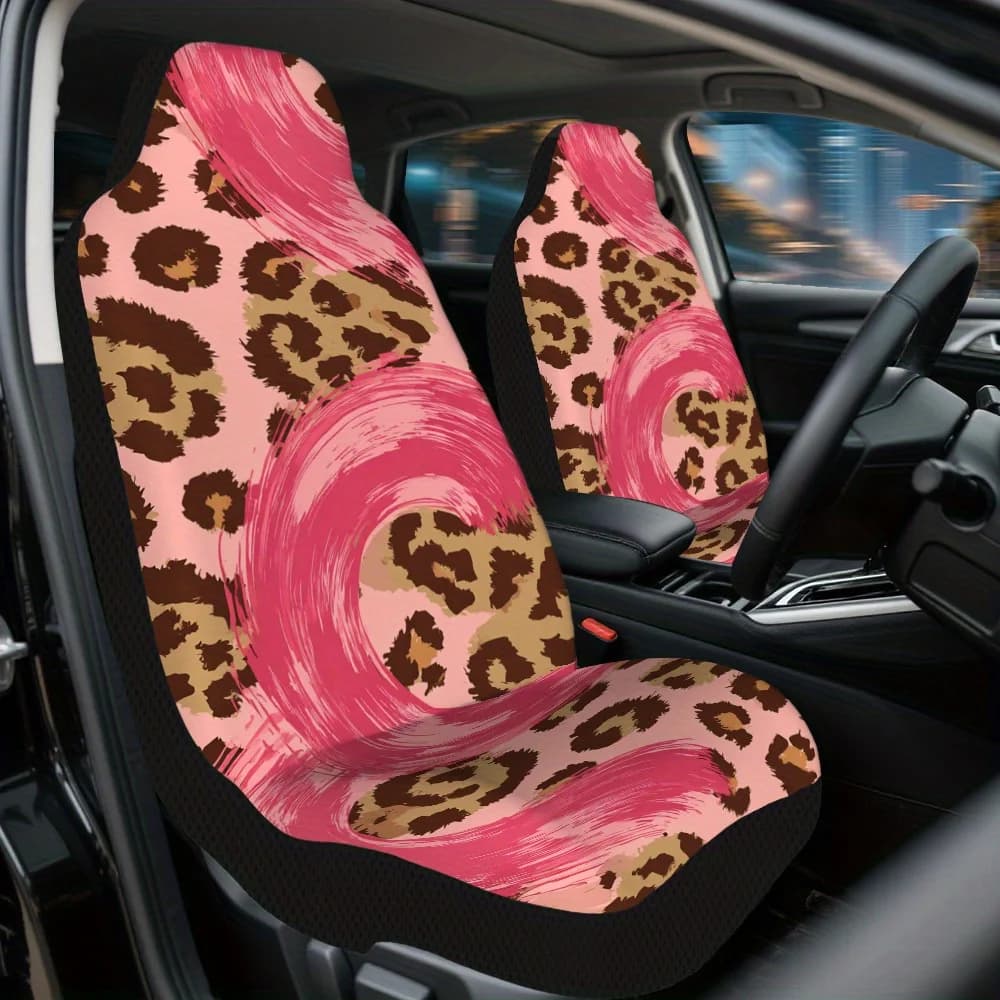 2pcs Pink Leopard Print Car Seat Covers – Universal Front Seat Protectors For Cars, SUVs & Sedans, Easy To Install, Durable Desi