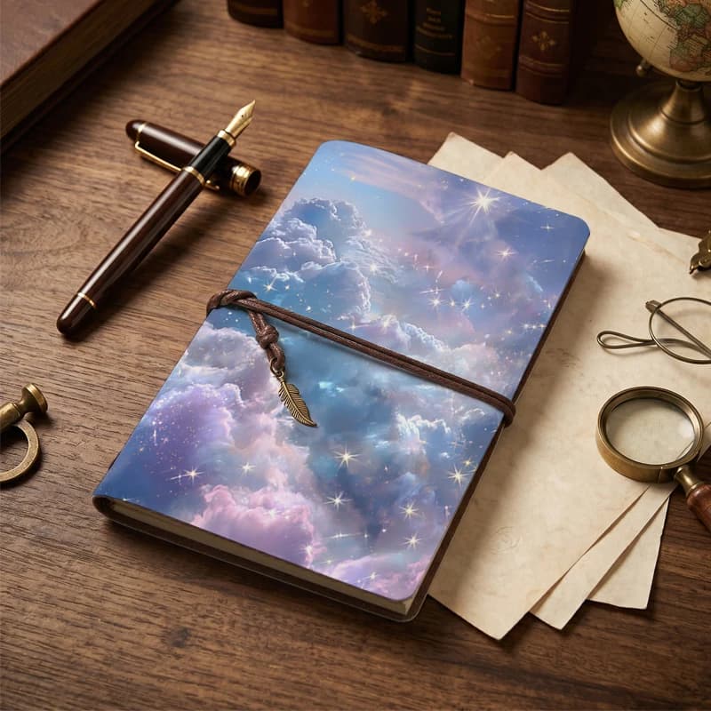 Taccuino in Pelle con Stampa Cielo Stellato e Nuvole Magiche - Diario con Stampa Paesaggistica Fantasiosa e Ciondolo a Piuma, Chiusura con Laccetto