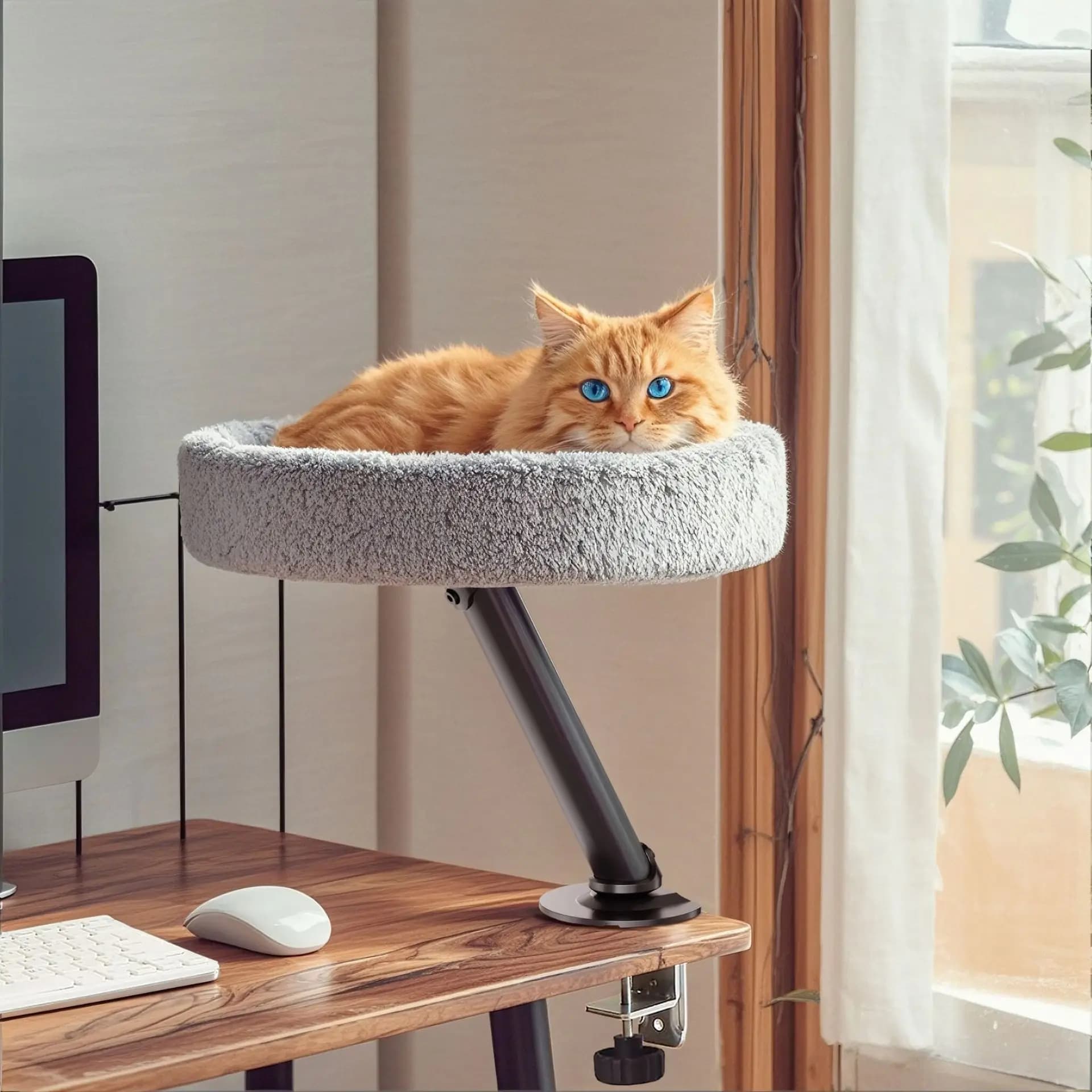 Letto da scrivania per alberi per gatti, robusto ed elegante, morbido, salvaspazio, rotondo, con rotazione a 360 gradi, per la sala studio dell'home office