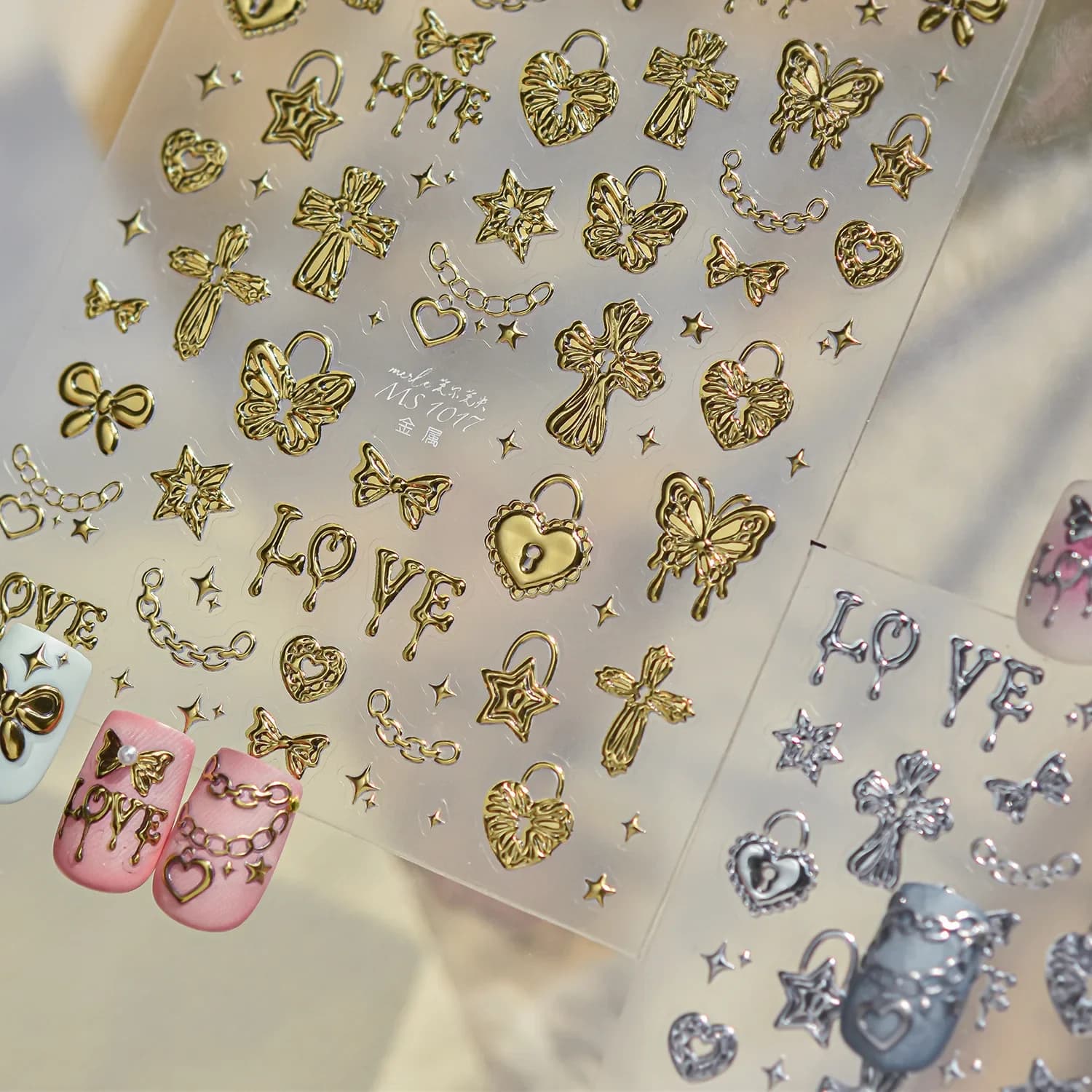 Cross Lock Pattern 5D Nail Stickers Laser Hot Gold Butterfly Bow Stars Star Chain Hologram Self Adhesive Decals Nail Art Decor