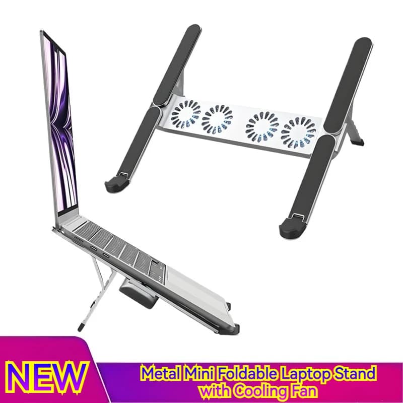 Supporto per laptop pieghevole in metallo con 4 ventole di raffreddamento Supporto da tavolo portatile regolabile con angolo di luce notturna per MacBook Dell HP Lenovo