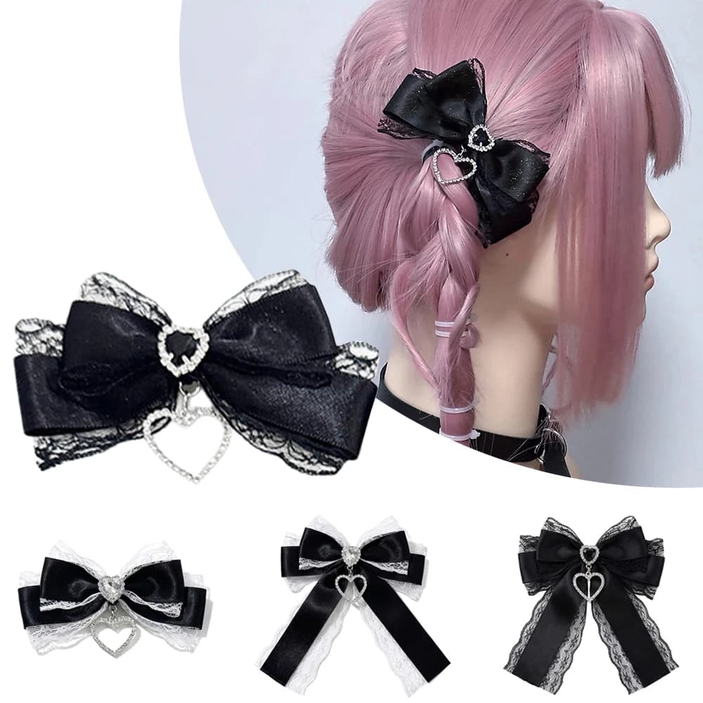 2pc Retro Lace Bow Hair Clips Sweet Cool Double Ponytail Hairpins for Women Trendy Elegant Adorable Fashionable Hair Accessories
