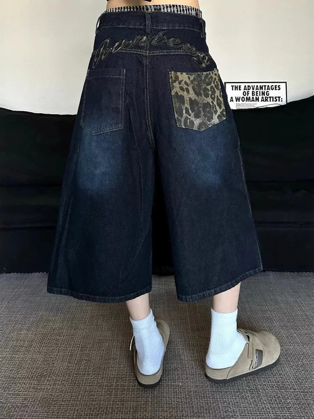 American Retro Leopard Letter Embroidery Jeans Shorts Women Summer plus Size Loose Slim Wide Leg Jeans Pants High Waist