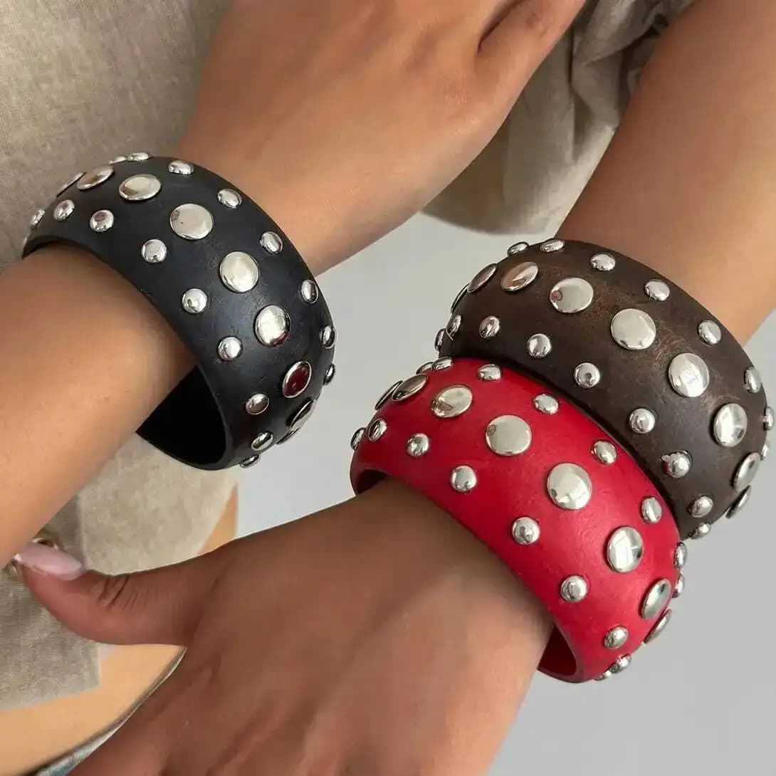 IngeSight.Z Hip Hop Punk geometrico rotondo rosso nero nastro di legno colore rivetto braccialetto largo donna tendenza rock accessorio gioielli regalo