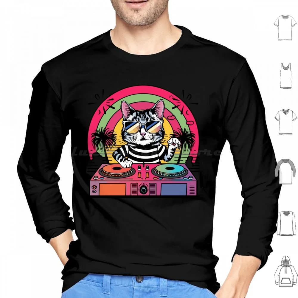 Dj Cat House Gatto divertente Arcobaleno Tramonto Albero Retro 80 Felpa con cappuccio in cotone Manica lunga Amante dei gatti Gattino Suono Gattino Musica Compleanno