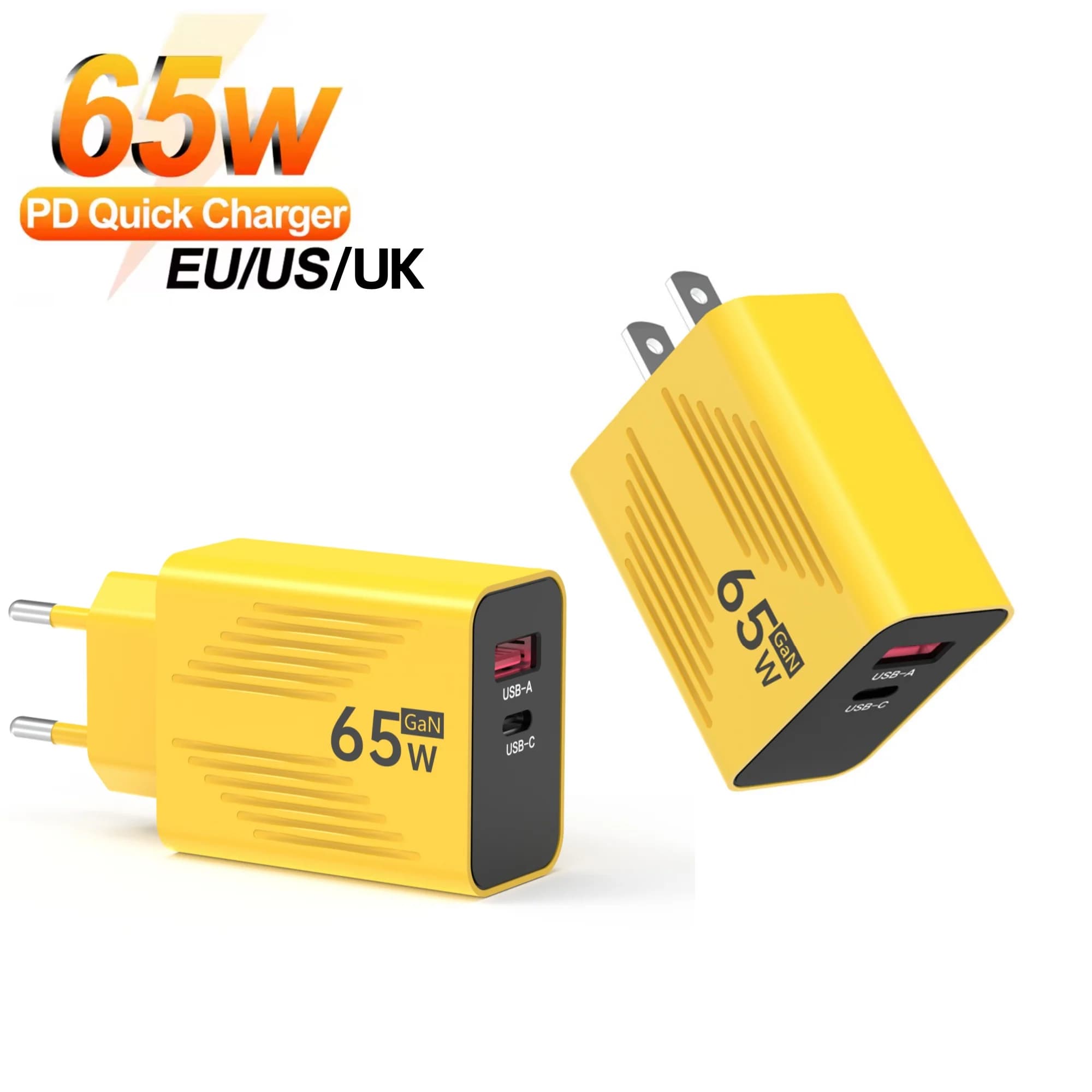Caricatore USB 65W GaN Quick Charge 3.0 Tipo C PD Adattatore di ricarica rapida con spina EU/US/UK per iPhone Xiaomi Samsung Huawei