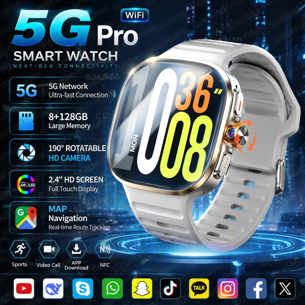 2026New 5G Network SIM Card Smart Watch GPS Navigation 1000W Camera 128/8GB RAM 2.4"AMOLED Waterproof NFC Google Play Smartwatch