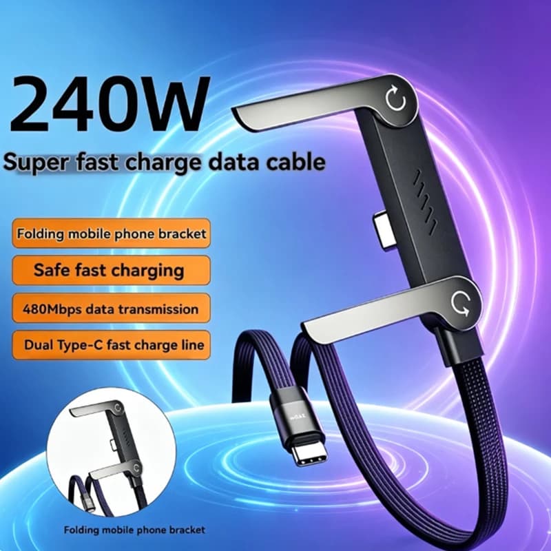 240W 2 in 1 USB C Fast Charging Cable with Foldable Phone Stand And Stands Sideways Desktop Holder For Xiaomi Phone Charge Cable