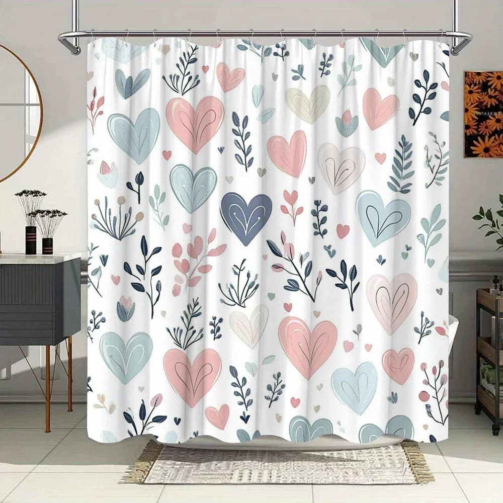 Tenda da doccia con cuore acquerello - Cuori rosa, blu e beige con foglie stilizzate su poliestere bianco e resistente