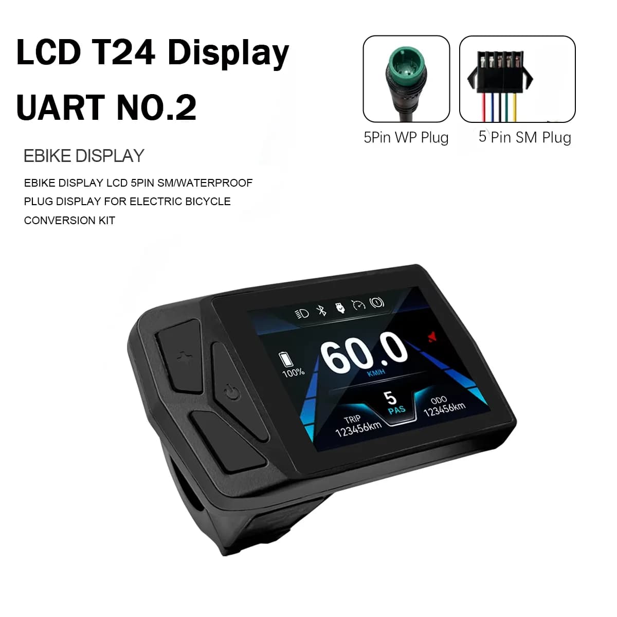 Display LCD a colori T24 per E-Bike 24V-72V con connettore SM/impermeabile e funzione USB per UART 2 Controller per protocollo di comunicazione