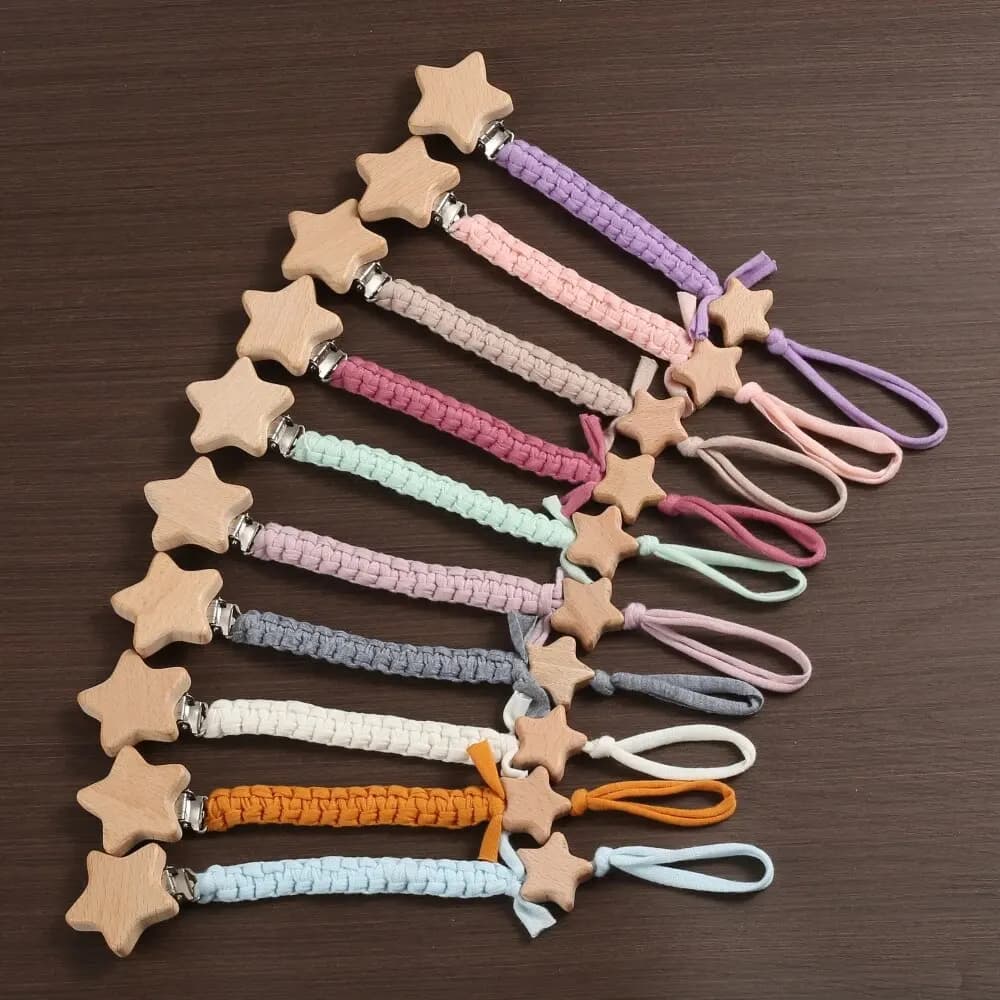Clip per ciuccio con pentagramma in legno di faggio per bambini Catena per capezzoli succhietto in cotone intrecciato fatto a mano per allattamento per bambini Massaggiagengive Giocattoli da masticare Regalo