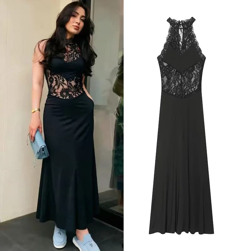 Women's Camisole Long Dress with Lace New 2026 Summer Women Flared Hem Halter Neck Midi Dress Female Holiday Style Dresses