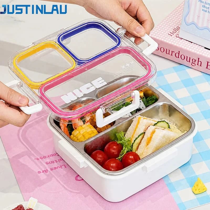 JUSTINLAU 3/4Grid Dopamine Bento Box 304 Stainless Steel Sealed Snack Box Leak-Proof Food Container for Student Office Workers