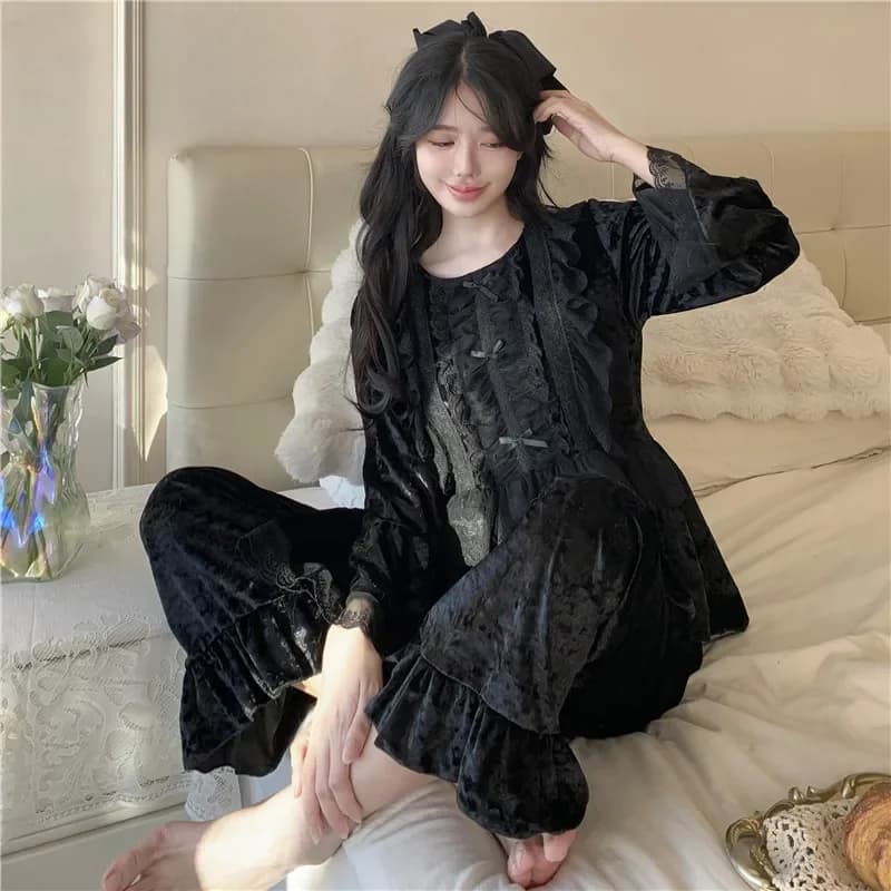 Women's pyjamas autumn winter velvet pajamas long sleeve night pajamas casual set sweet princess pyjamas wide dresses for the house