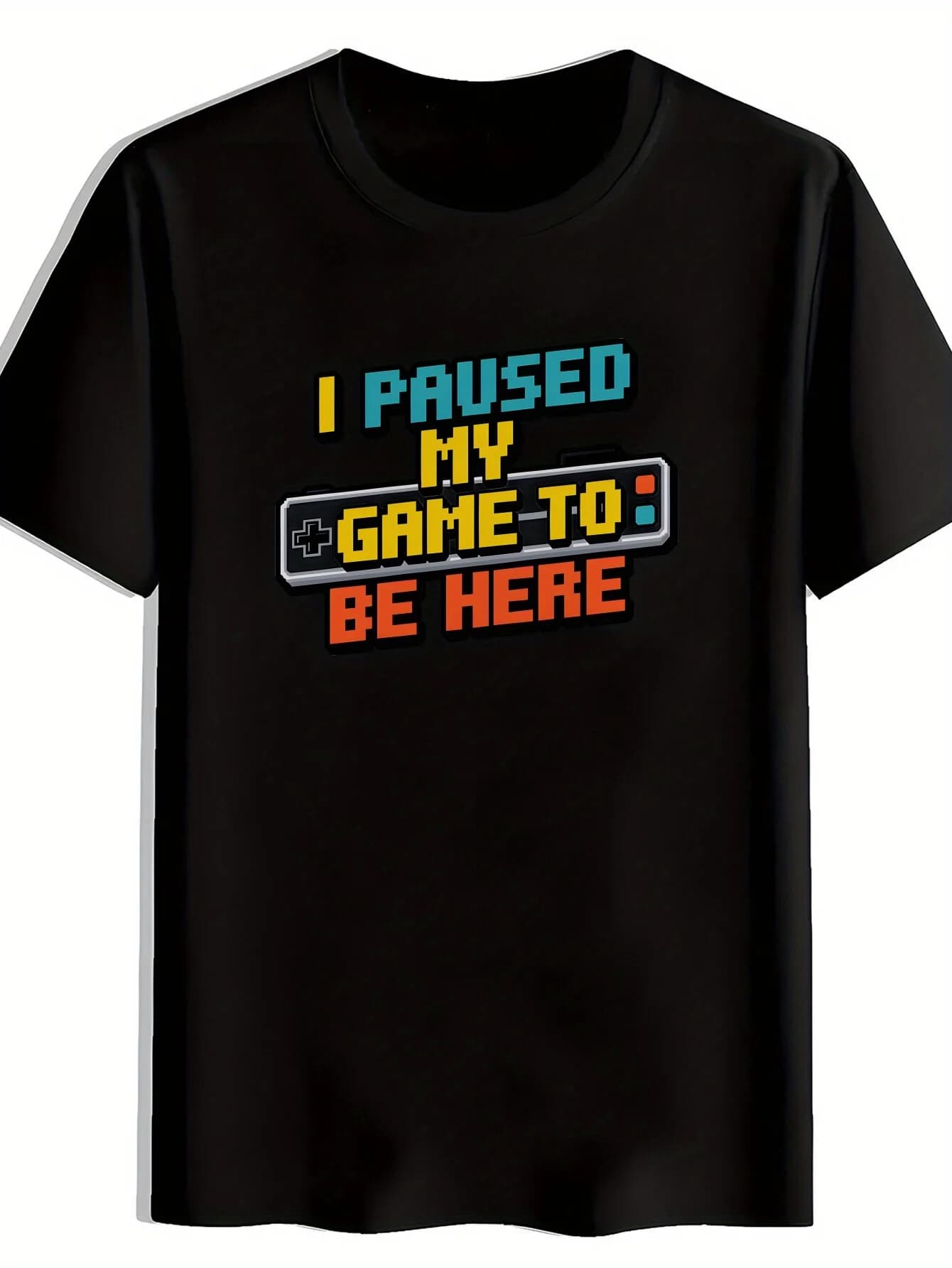 Men's casual t-shirt with pixel style print of a retro video game controller, black men's shirt with versatile and versatile print.