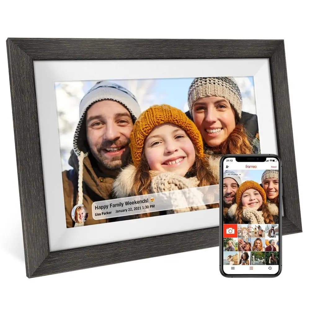 Cornice digitale da 10,1 pollici con WiFi, cornice digitale intelligente in legno, schermo IPS HD 1280x800 1080P, touchscreen, rotazione automatica, facile configurazione.